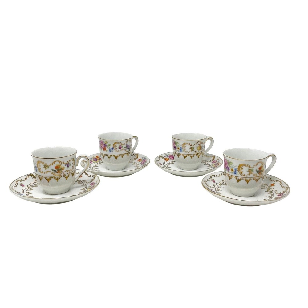 Vintage Bavaria Hand Painted Porcelain Teacup & Saucer Set White Gold Floral